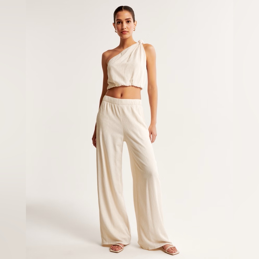 Abercrombie & Fitch Crinkle Texture Cream Wide Leg Pull On Pants Small Long